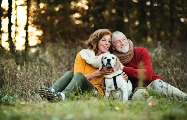 Älteres Paar mit Hund im Herbstwald. Die Hände des Mannes und der Frau streicheln den Hund, der ruhig zwischen ihnen sitzt. Keine Anzeichen, dass der Hund sterben will.