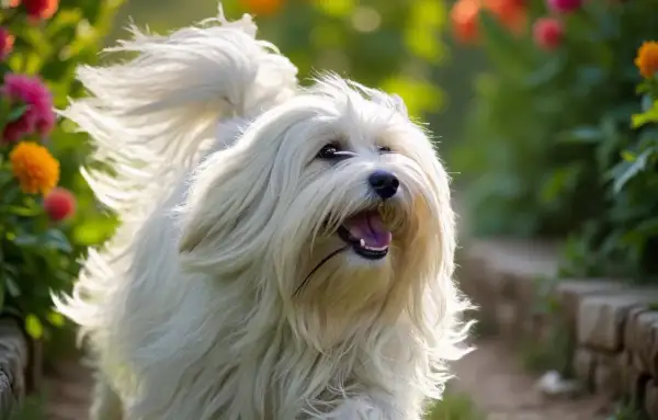 Ein fröhlicher Tibet Terrier kurzhaar mit weissem Fell rennt durch einen Garten voller bunter Blumen.